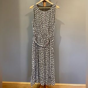 MSK Sleeveless Blouson Lined Brown White Print Dress Size 12 Cinched Waist w/Tie